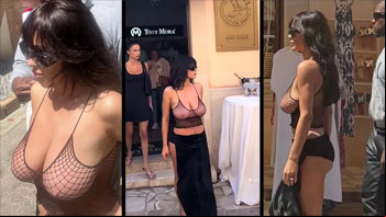 Bianca Censori nua em público pagando peitinho